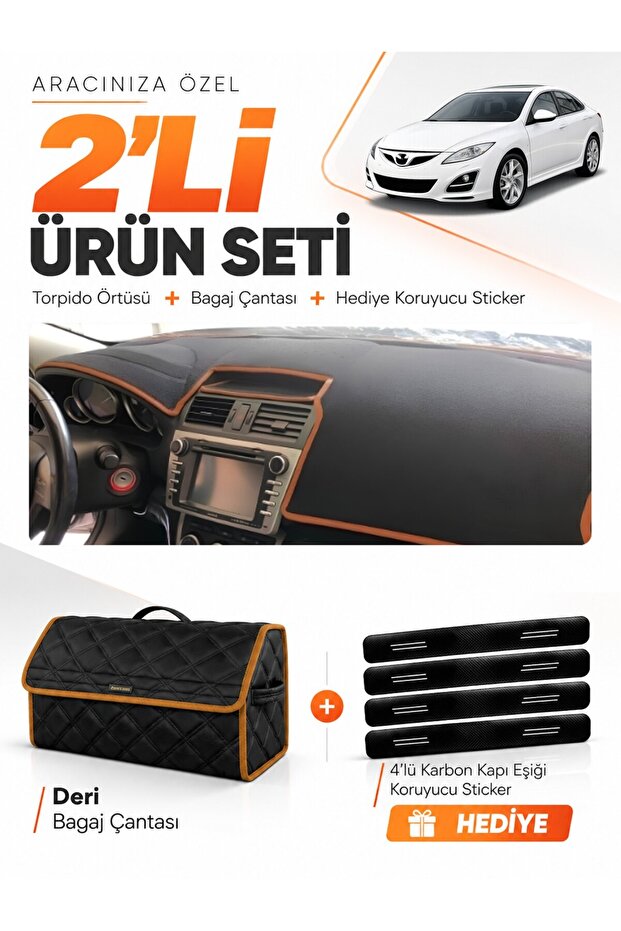Mazda 6 (2007-2013) Compatible Dashboard Cover + Leather Trunk Bag + Sticker Set - Ma007