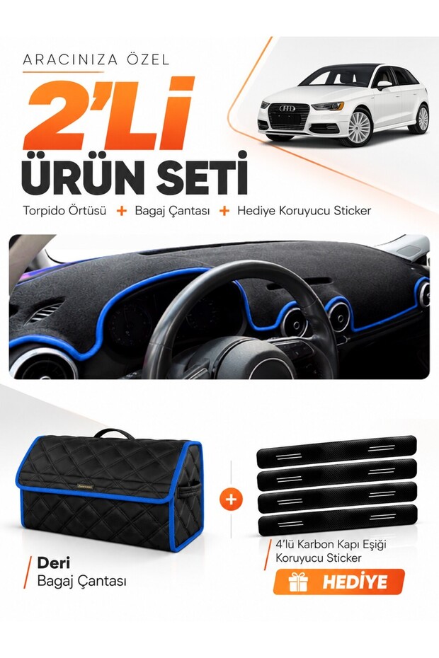 Audi A3 (2013-2020) Compatible Glove Box Cover + Leather Trunk Bag + Sticker Set - Au007
