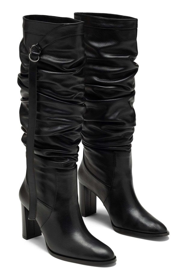 Women's Black Buckle Detailed Drawstring Above Knee Thick High Heel Boots