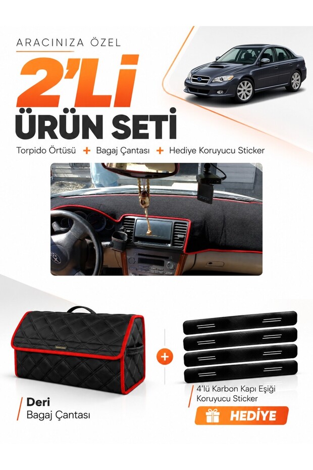 Subaru Legacy B4 (2003-2009) Compatible Glove Box Cover + Leather Trunk Bag + Sticker Set - Su005