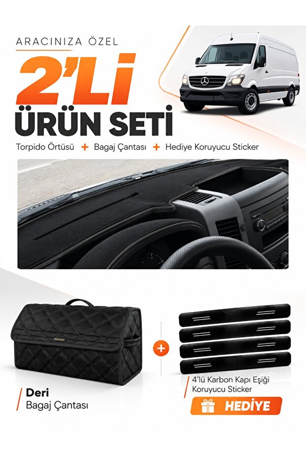 Mercedes Spri̇nter W906 (2006-2014) Compatible Dashboard Cover + Leather Trunk Bag + Sticker Set - Mb020