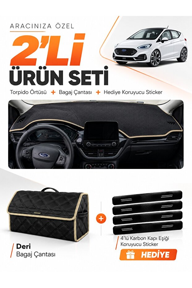 Ford Fi̇esta (2020-2023) Compatible Dashboard Cover + Leather Trunk Bag + Sticker Set - Fo022