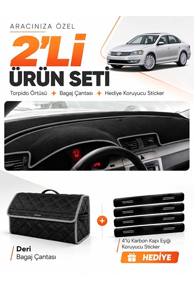 Volkswagen Passat B7 (2010-2015) Compatible Dashboard Cover + Leather Trunk Bag + Sticker Set - Vw016