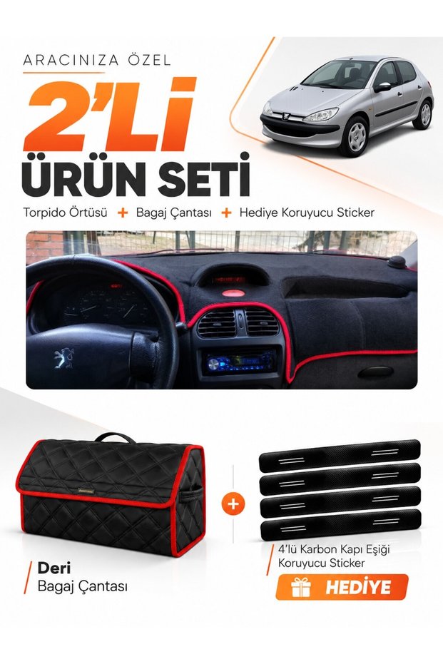 Glove Box Cover + Leather Trunk Bag Set Compatible with Peugeot 206 Large Screen (1998-2009) - Pe002