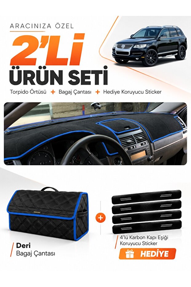 Volkswagen Touareg (2002-2010) Compatible Dashboard Cover + Leather Trunk Bag + Sticker Set - Vw025