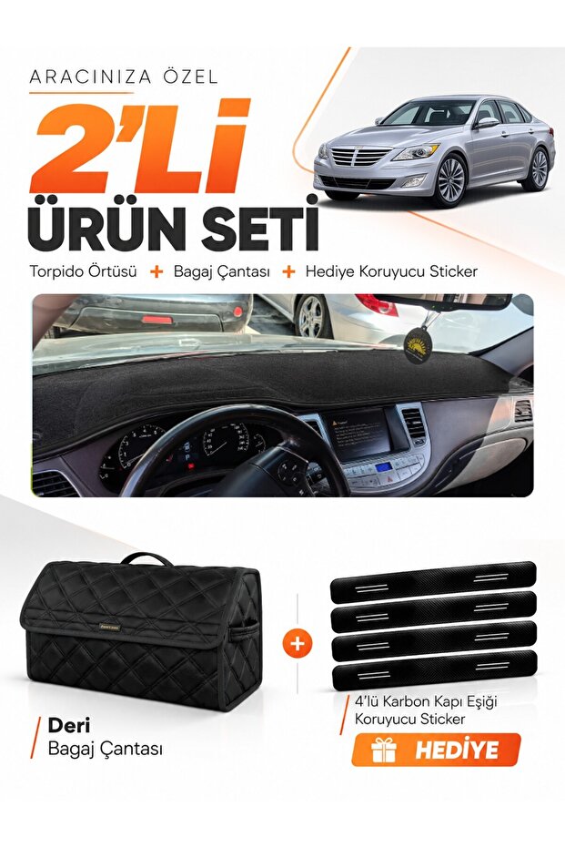 Hyundai Genesis (2008-2014) Compatible Glove Box Cover + Leather Trunk Bag + Sticker Set - Hu020