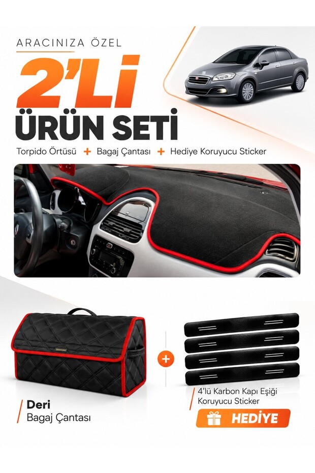 Fiat Linea Urban (2015-2021) Compatible Dashboard Cover + Leather Trunk Bag + Sticker Set - Fi014