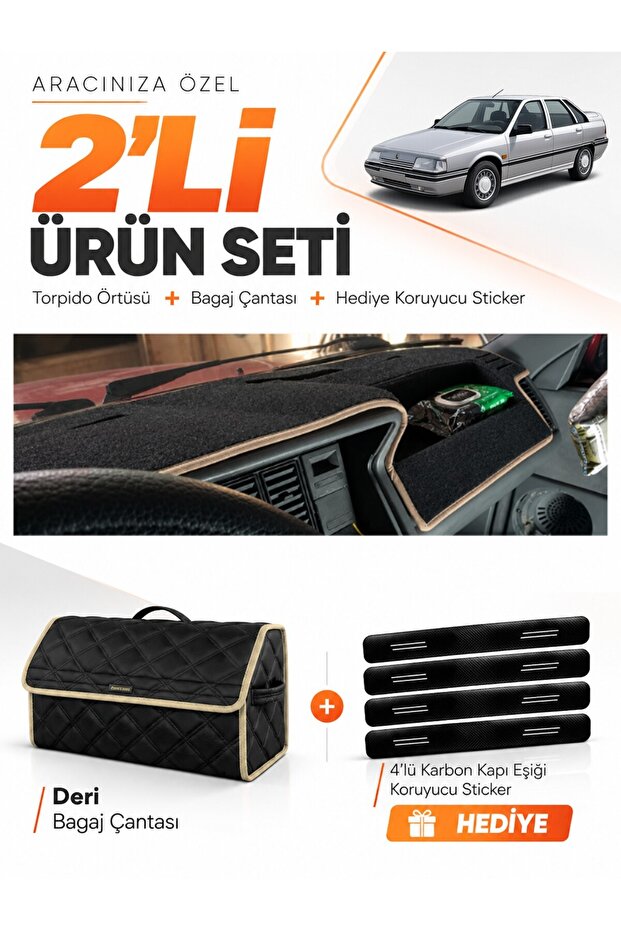 Renault 21 Manager (1990-1996) Compatible Dashboard Cover + Leather Trunk Bag + Sticker Set - Re005