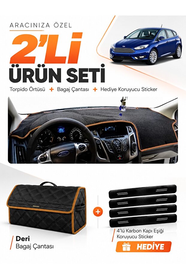 Ford Focus 3.5 Hatchback (2014-2018) Compatible Dashboard Cover + Leather Trunk Bag Set - Fo012