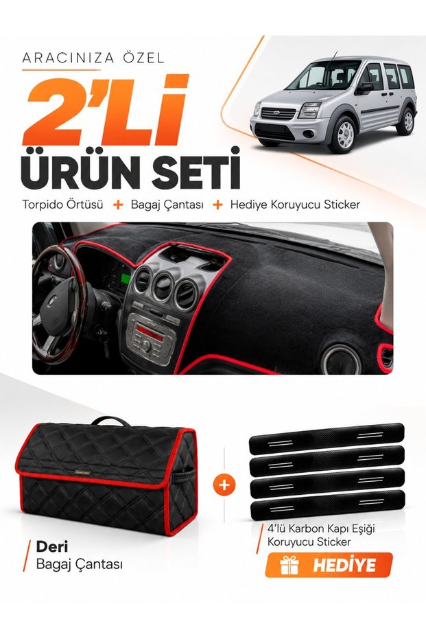 Ford Connect (2009-2012) Compatible Dashboard Cover + Leather Trunk Bag + Sticker Set - Fo017