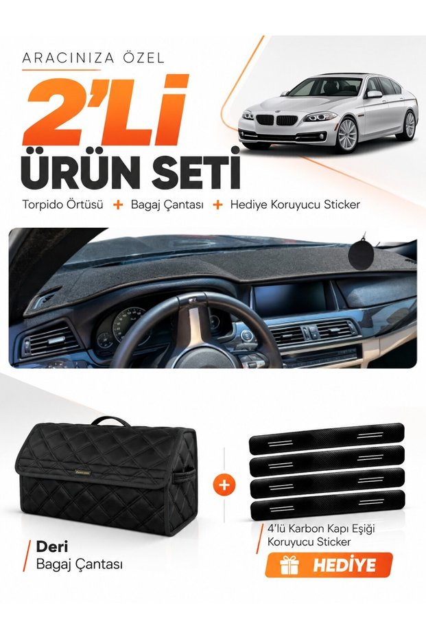 Dashboard Cover + Leather Trunk Bag + Sticker Set Compatible with Bmw F10 (2010-2017) - Bm004