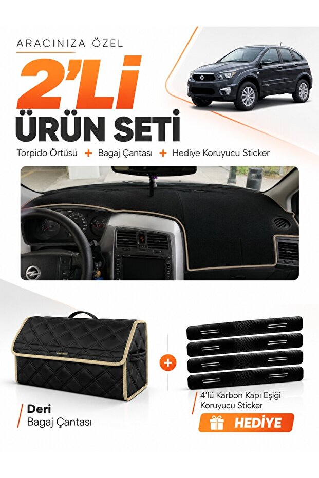 Ssangyong Nomad (2005-2012) Compatible Glove Box Cover + Leather Trunk Bag + Sticker Set - Ss001