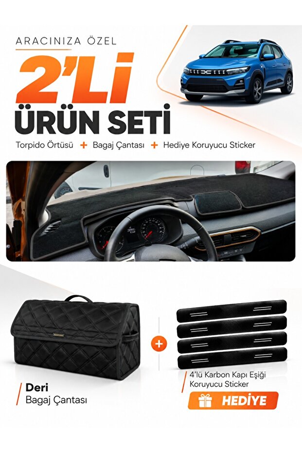 Dacia Sandero (2022-2026) Screenless Compatible Glove Box Cover + Leather Trunk Bag + Sticker Set - Da002