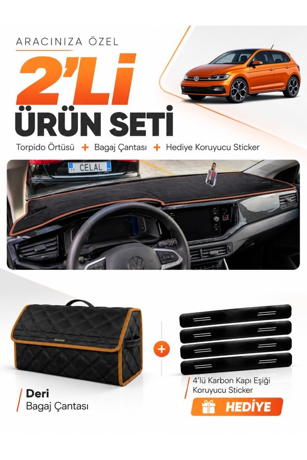 Dashboard Cover + Leather Trunk Bag + Sticker Set Compatible with Volkswagen Polo (2022-2025) - Vw022