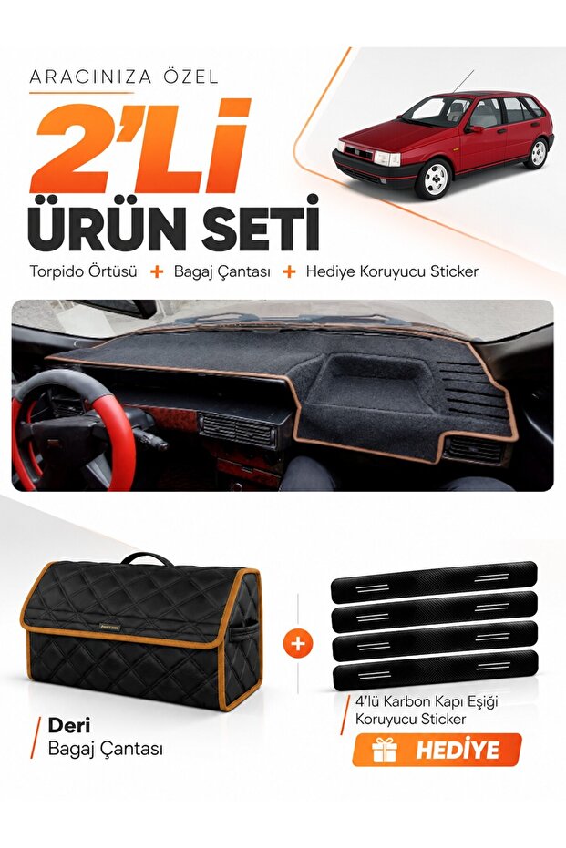 Fiat Tipo (1992-1997) Analog Console Compatible Dashboard Cover + Leather Trunk Bag Set - Fi020