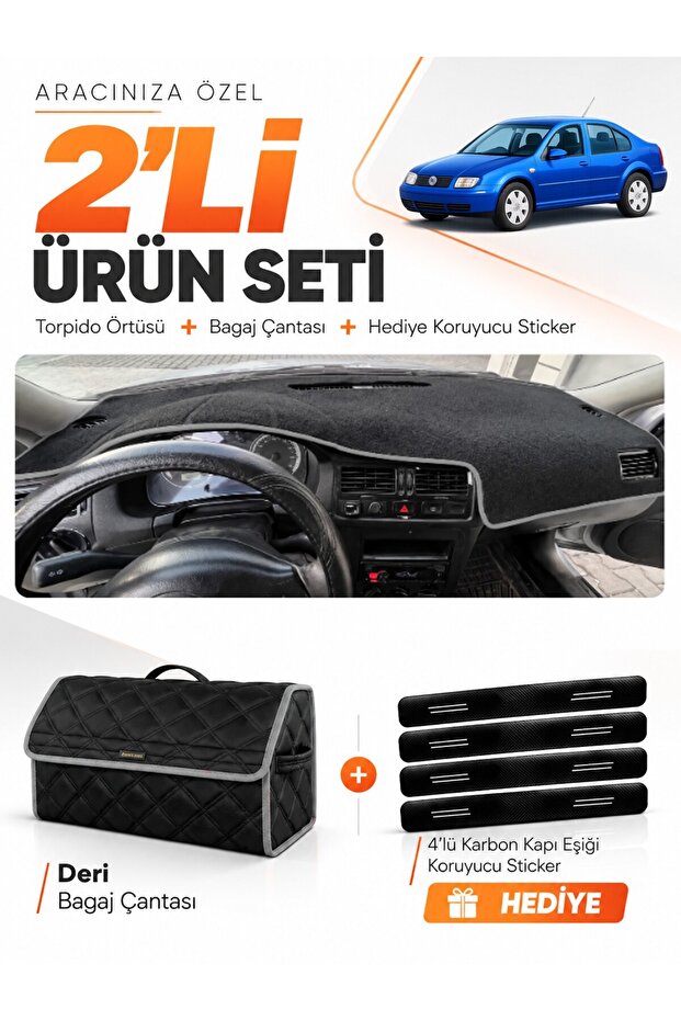 Volkswagen Jetta (1997-2003) Compatible Dashboard Cover + Leather Trunk Bag + Sticker Set - Vw009
