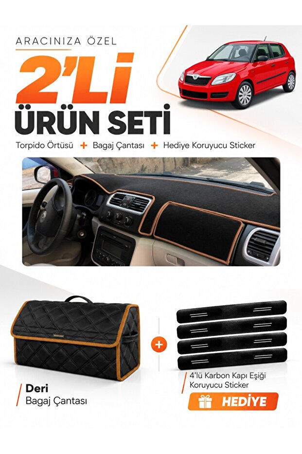 Skoda Fabia (2007-2014) Compatible Dashboard Cover + Leather Trunk Bag + Sticker Set - Sk002