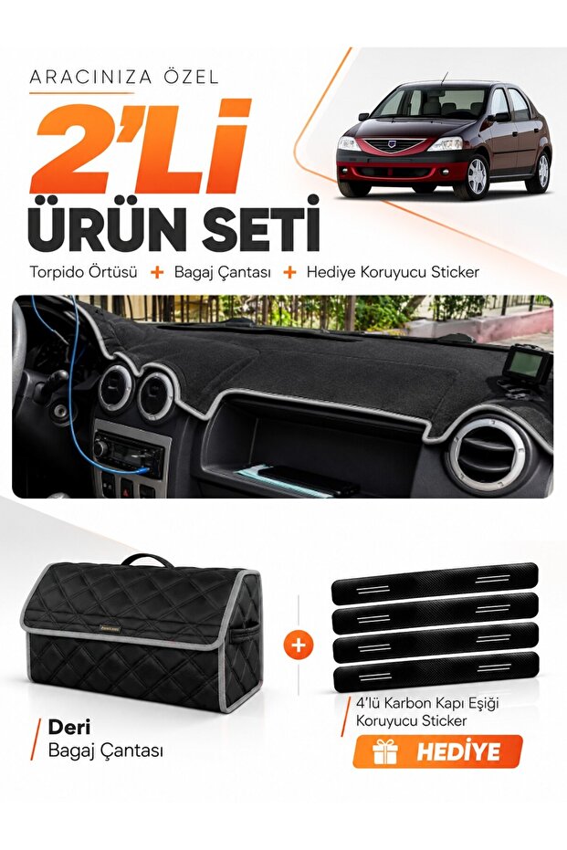 Daci̇a Logan 1 (2004-2008) Compatible Glove Box Cover + Leather Trunk Bag + Sticker Set - Da006