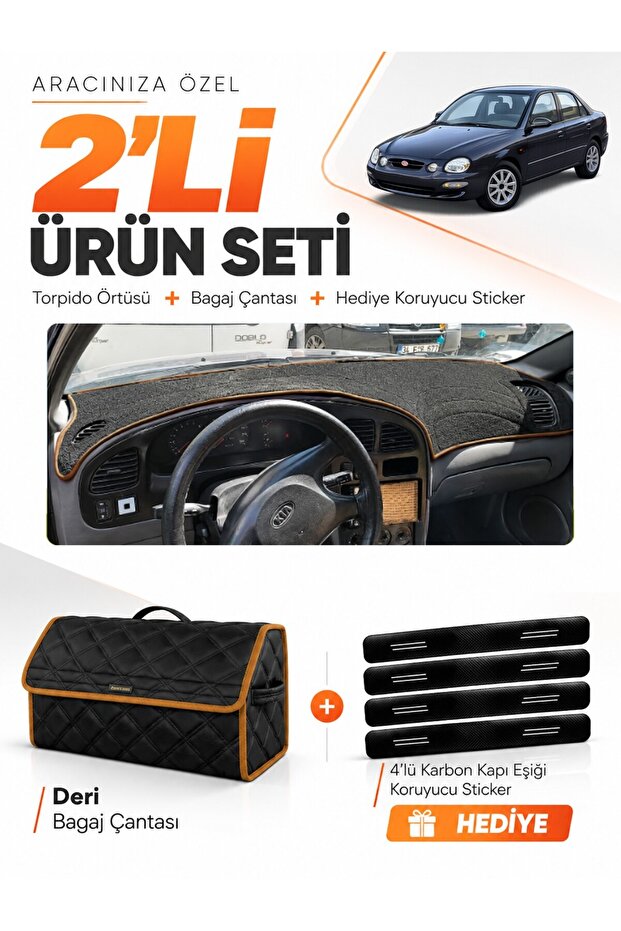 Kia Shuma (1995-2003) Compatible Torpedo Cover + Leather Luggage Bag + Sticker Set - Ki017