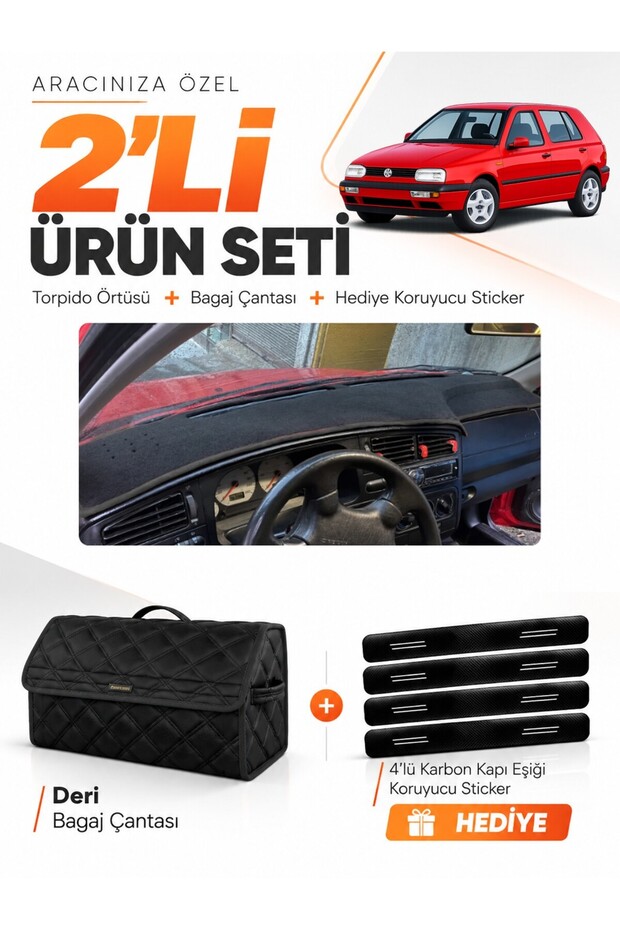 Volkswagen Golf 3 (1991-1997) Compatible Glove Box Cover + Leather Trunk Bag + Sticker Set - Vw008