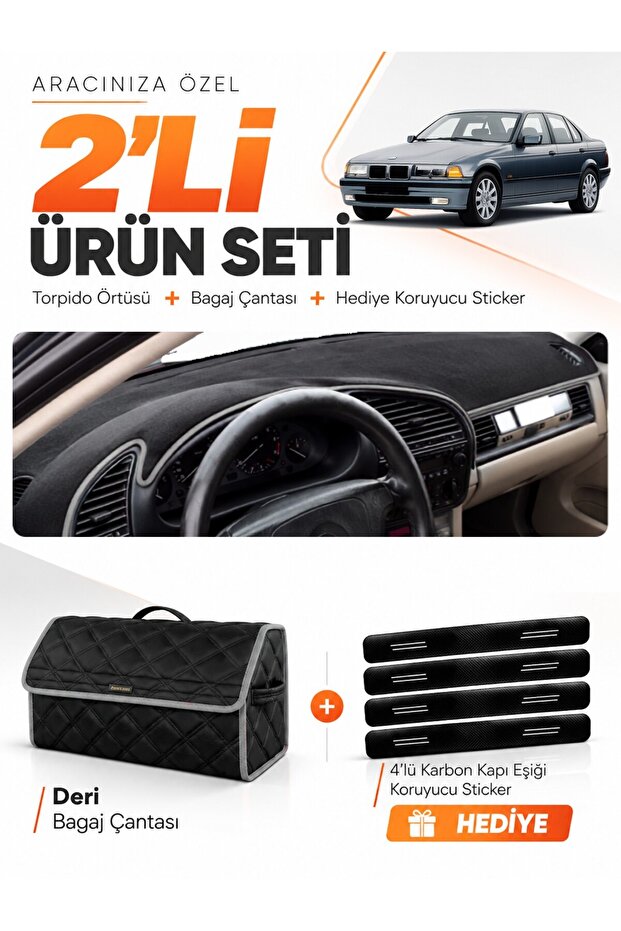 Bmw E36 (1990-2000) Compatible Glove Box Cover + Leather Trunk Bag + Sticker Set - Bm001