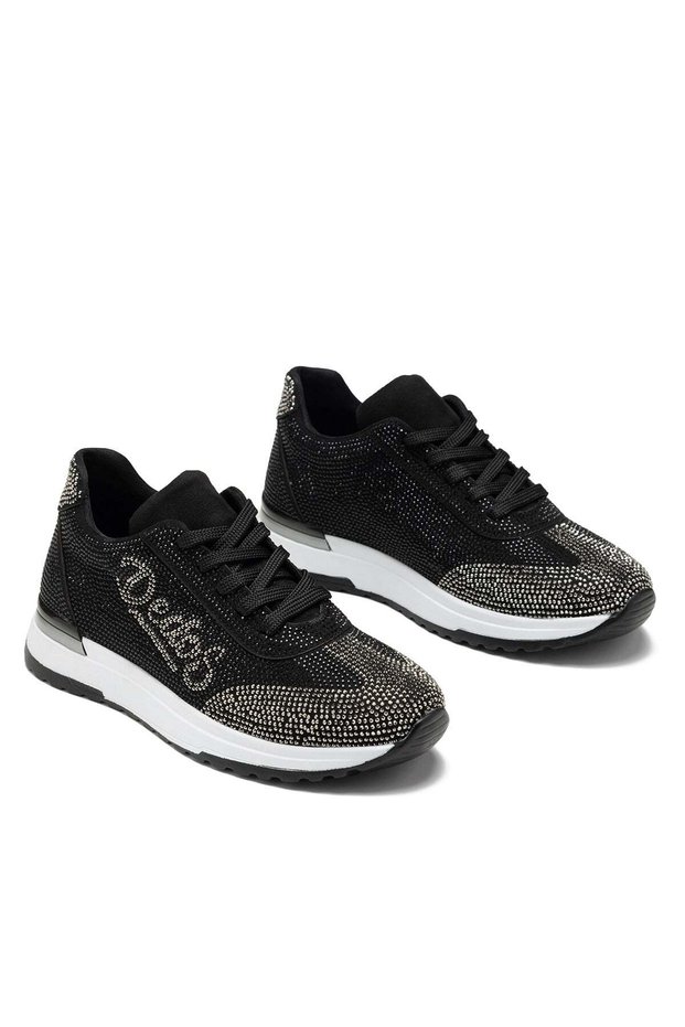 Women's Black Stone Sports Shoes Light Sole Lace-Up Walking Shoes Sneaker