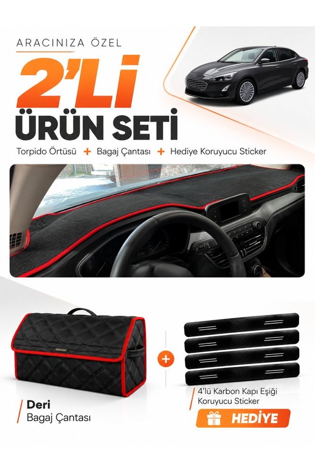 Ford Focus 4 (2017-2021) Compatible Dashboard Cover + Leather Trunk Bag + Sticker Set - Fo013