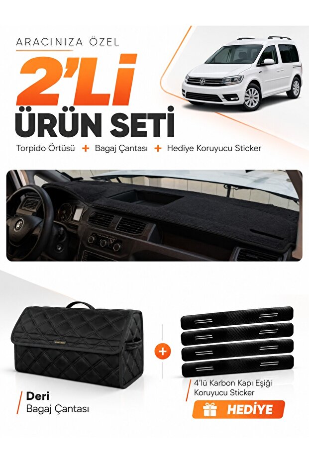 Volkswagen Caddy (2015-2019) Compatible Dashboard Cover + Leather Trunk Bag + Sticker Set - Vw002