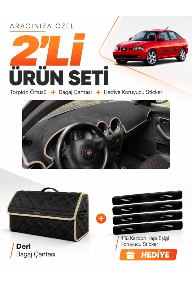 Seat Cordoba (2001-2008) Compatible Glove Box Cover + Leather Trunk Bag + Sticker Set - Se003