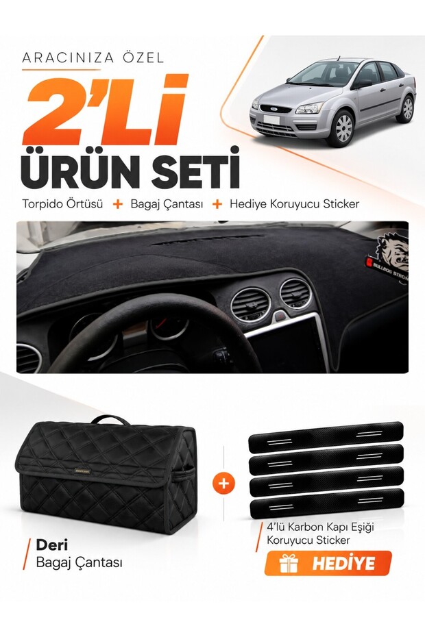 Ford Focus 2 (2005-2008) Compatible Dashboard Cover + Leather Trunk Bag + Sticker Set - Fo010