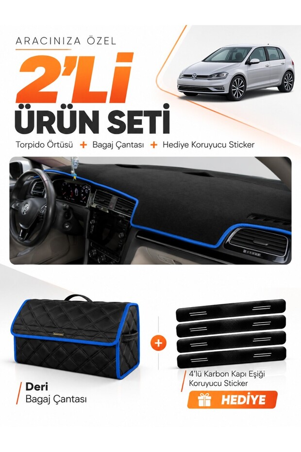 Volkswagen Golf 7 (2012-2020) Compatible Glove Box Cover + Leather Trunk Bag + Sticker Set - Vw012