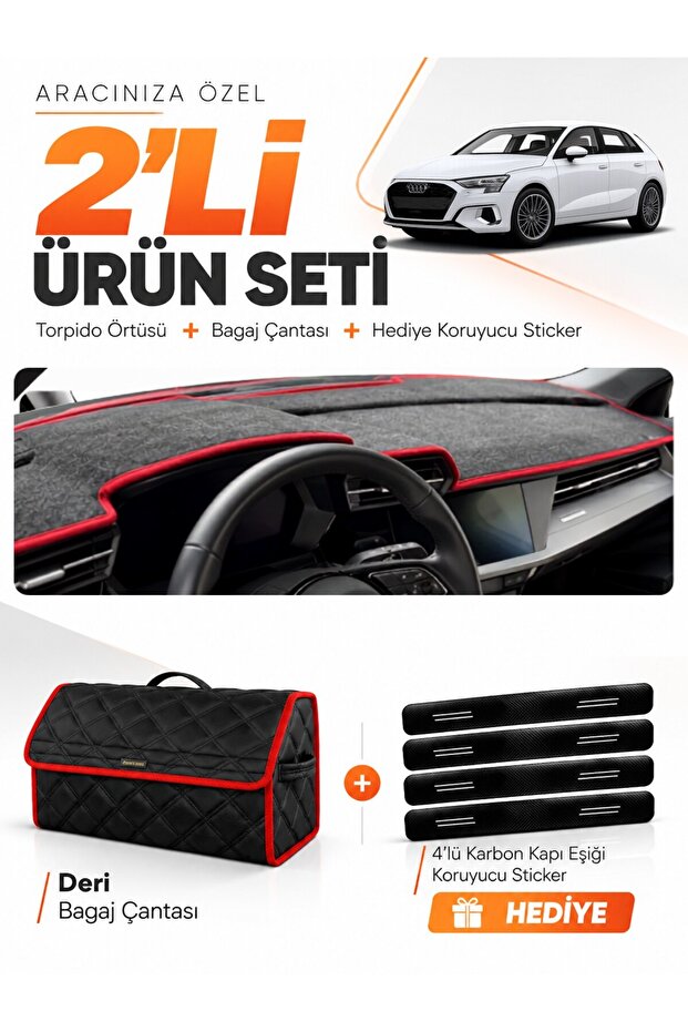 Audi A3 (2020-2026) Compatible Glove Box Cover + Leather Trunk Bag + Sticker Set - Au008