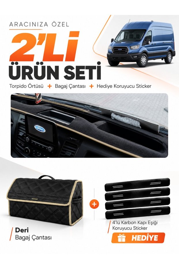 Dashboard Cover + Leather Trunk Bag + Sticker Set Compatible with Ford Transit Type 1 (2020-2025) - Fo032