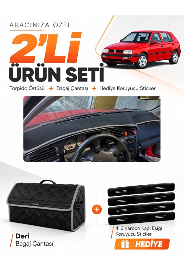 Volkswagen Golf 3 (1991-1997) Compatible Glove Box Cover + Leather Trunk Bag + Sticker Set - Vw008
