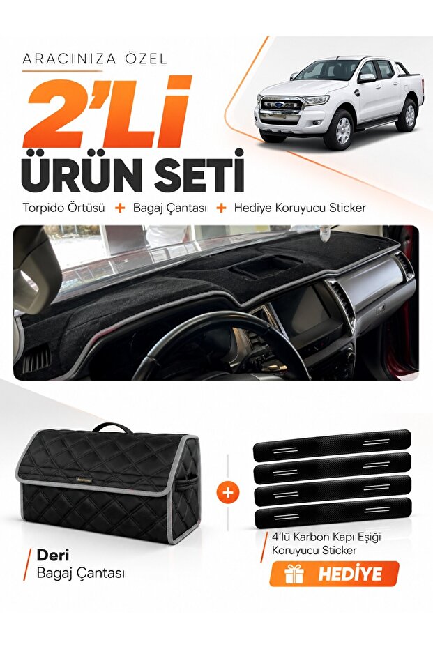 Ford Ranger (2018-2019) Compatible Dashboard Cover + Leather Trunk Bag + Sticker Set - Fo015