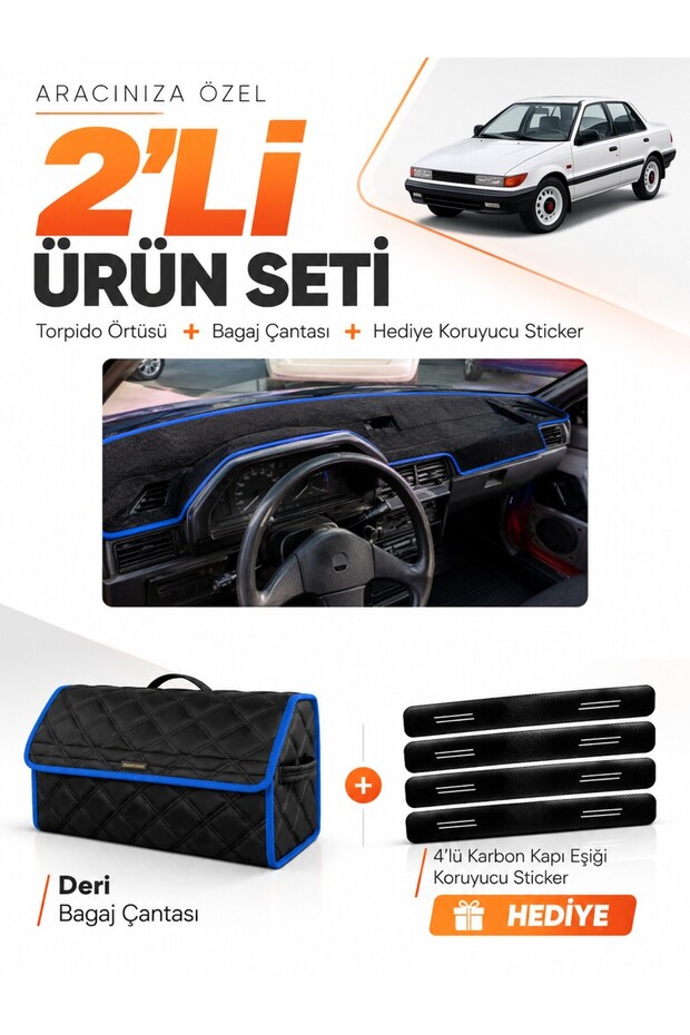 Mitsubishi Lancer (1987-1991) Compatible Torpedo Cover + Leather Trunk Bag + Sticker Set - Mi012
