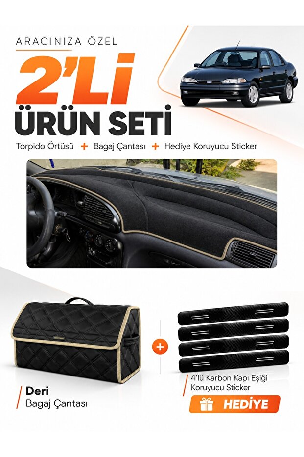 Ford Mondeo Poled (1993-1996) Compatible Glove Box Cover + Leather Trunk Bag + Sticker Set - Fo020