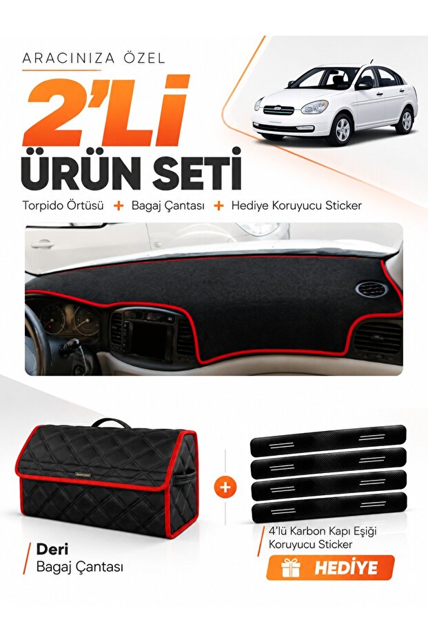 Hyundai Accent Era (2006-2011) Compatible Glove Box Cover + Leather Trunk Bag + Sticker Set - Hu010