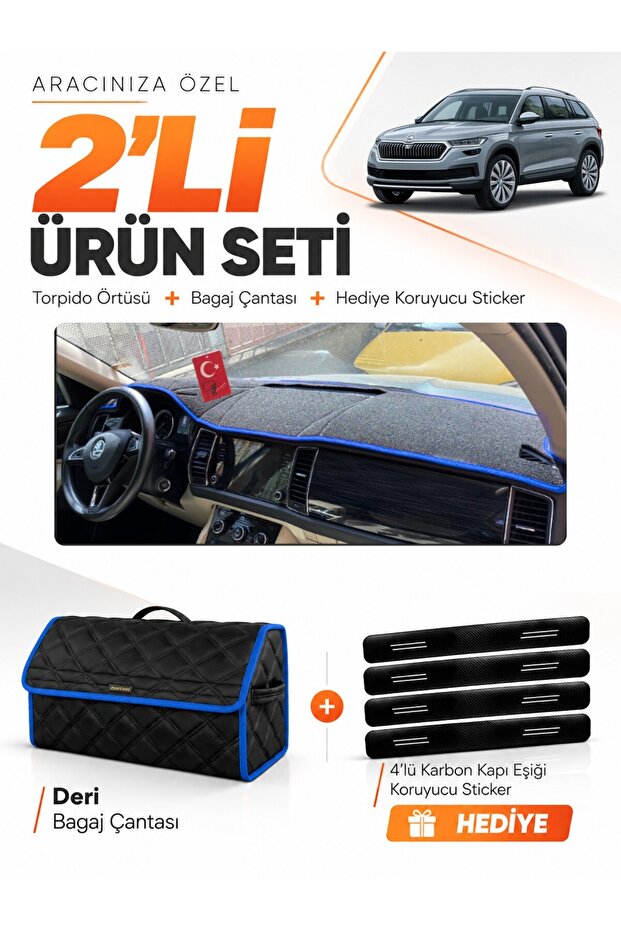 Skoda Kodiaq (2017-2023) Compatible Dashboard Cover + Leather Trunk Bag + Sticker Set - Sk007