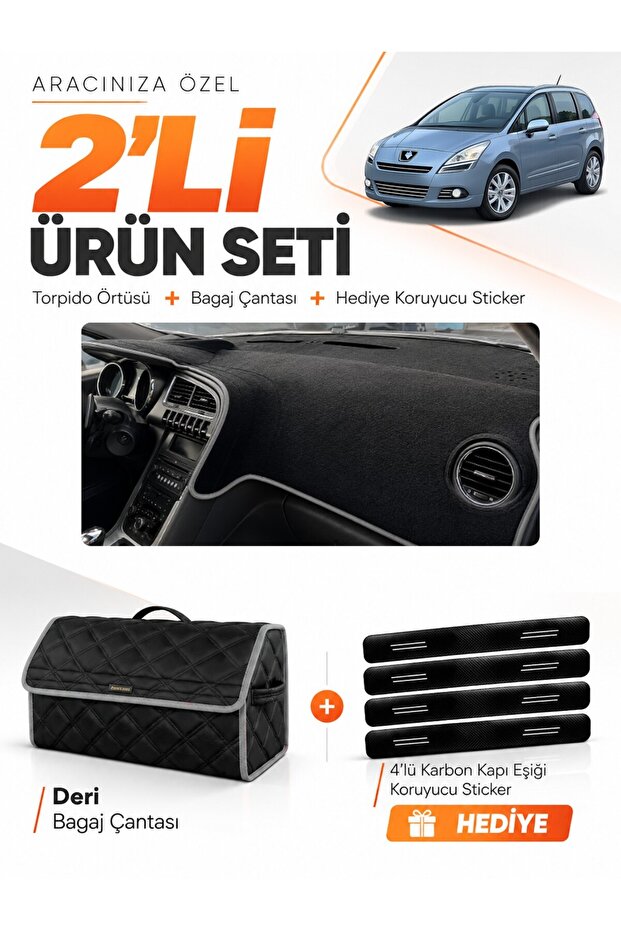 Peugeot 5008 Without Screen (2010-2014) Compatible Glove Box Cover + Leather Trunk Bag + Sticker Set - Pe016