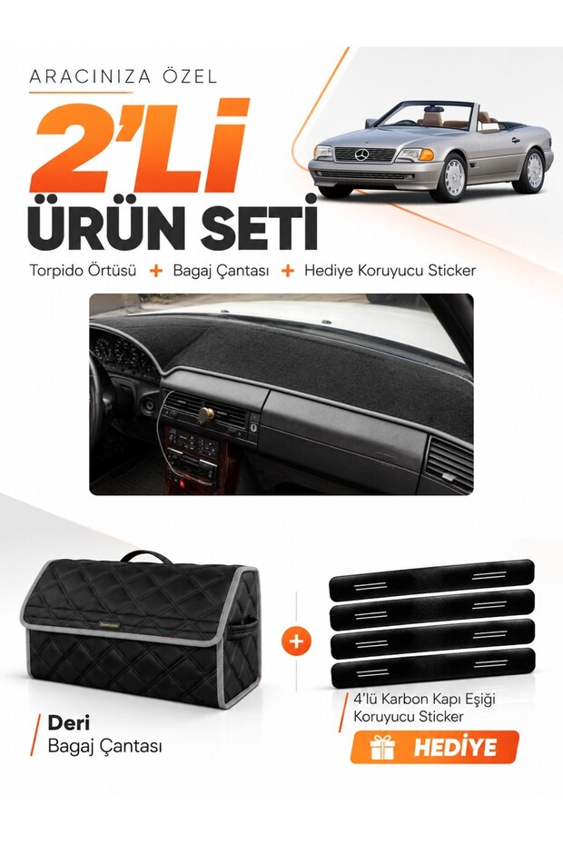 Mercedes R129 (1989-2001) Compatible Glove Box Cover + Leather Trunk Bag + Sticker Set - Mb019
