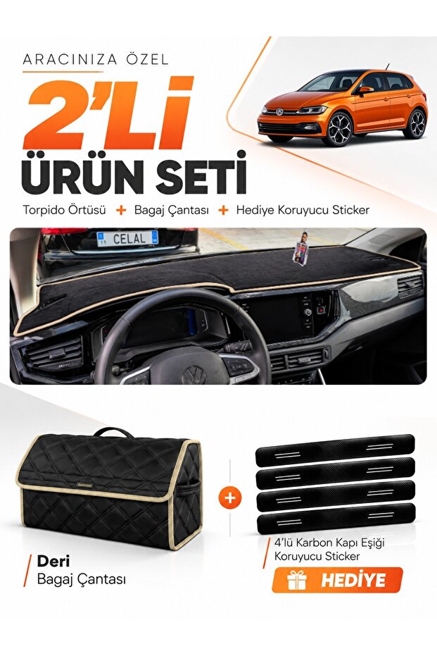 Volkswagen Polo (2022-2025) Compatible Dashboard Cover + Leather Trunk Bag + Sticker Set - Vw022