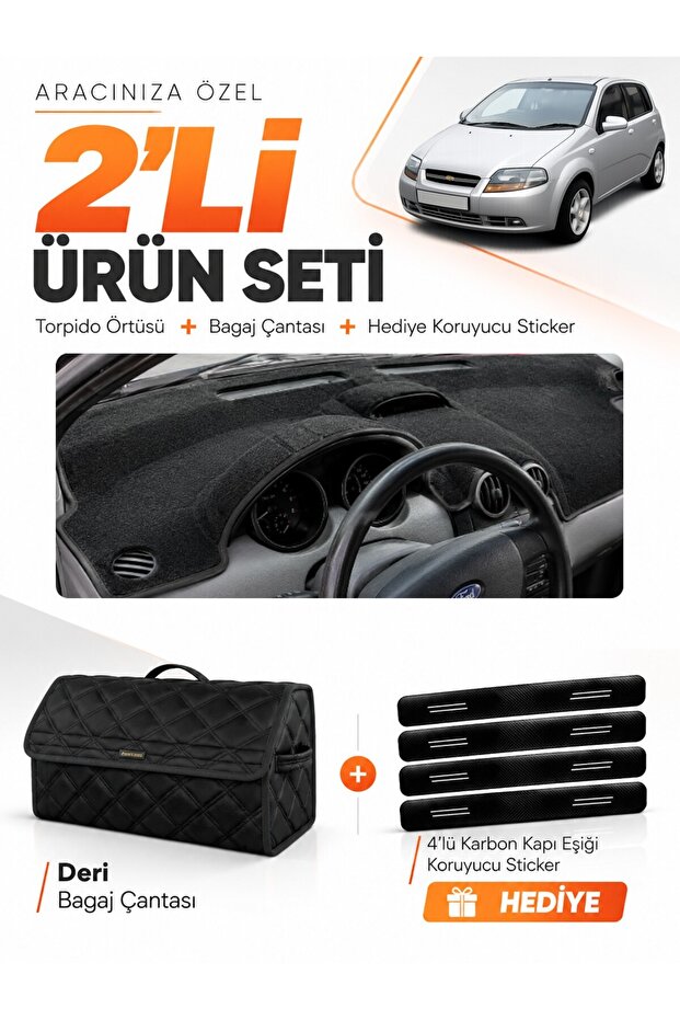 Chevrolet Kalos (2009-2013) Compatible Dashboard Cover + Leather Trunk Bag + Sticker Set - Ch004