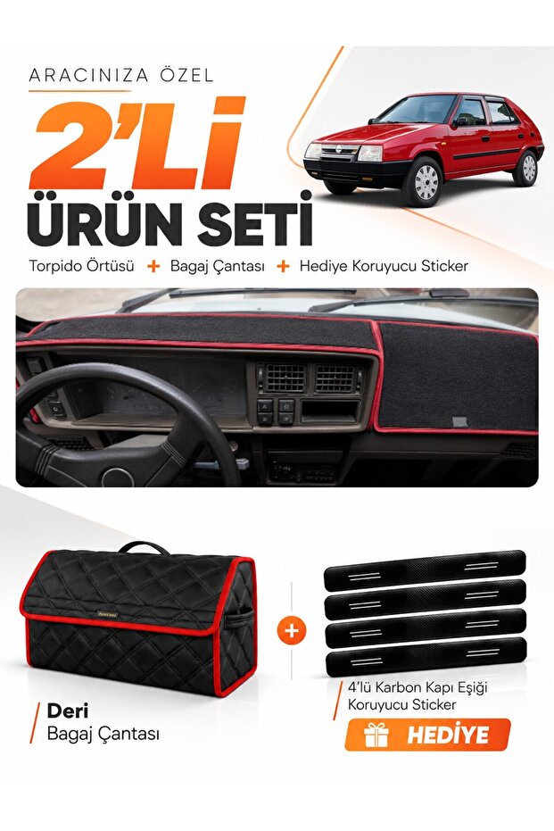Skoda Favorit (1987-1995) Compatible Dashboard Cover + Leather Trunk Bag + Sticker Set - Sk003