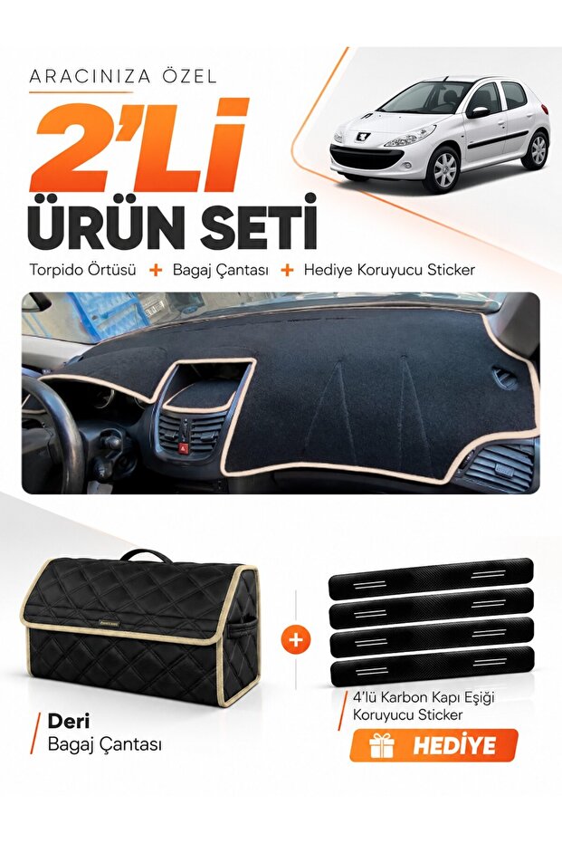 Peugeot 206+ (2009-2013) Compatible Dashboard Cover + Leather Trunk Bag + Sticker Set - Pe004