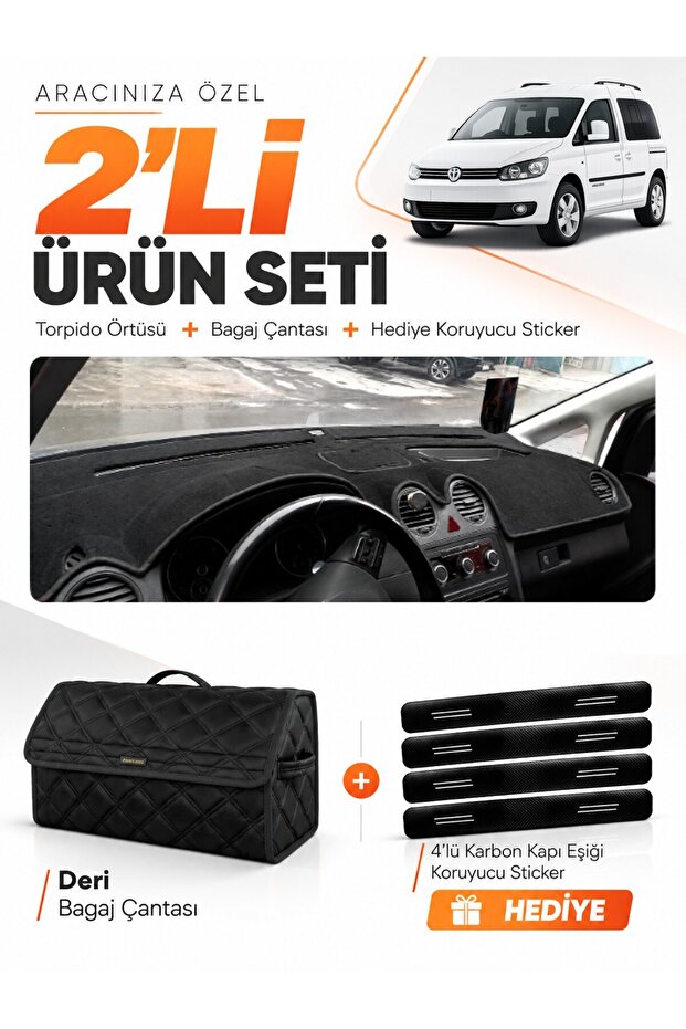 Volkswagen Caddy (2010-2015) Compatible Dashboard Cover + Leather Trunk Bag + Sticker Set - Vw002