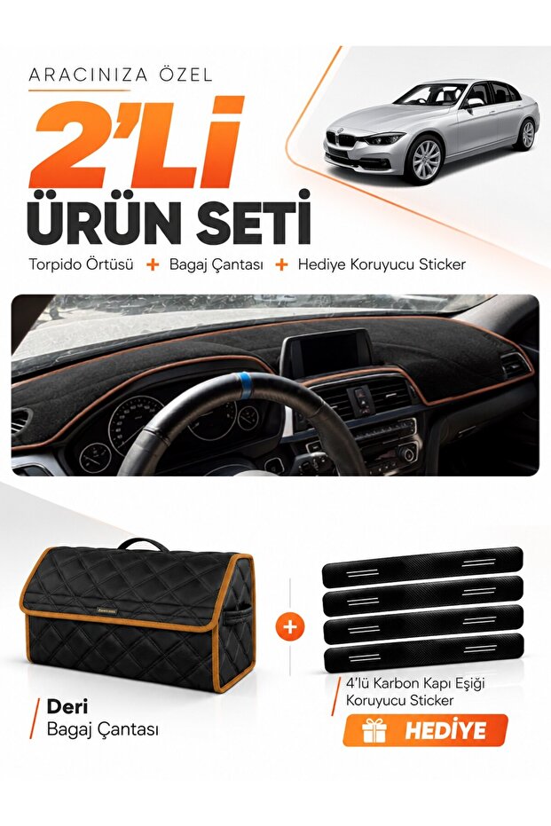 Bmw F30 (2010-2018) Compatible Dashboard Cover + Leather Trunk Bag + Sticker Set - Bm005