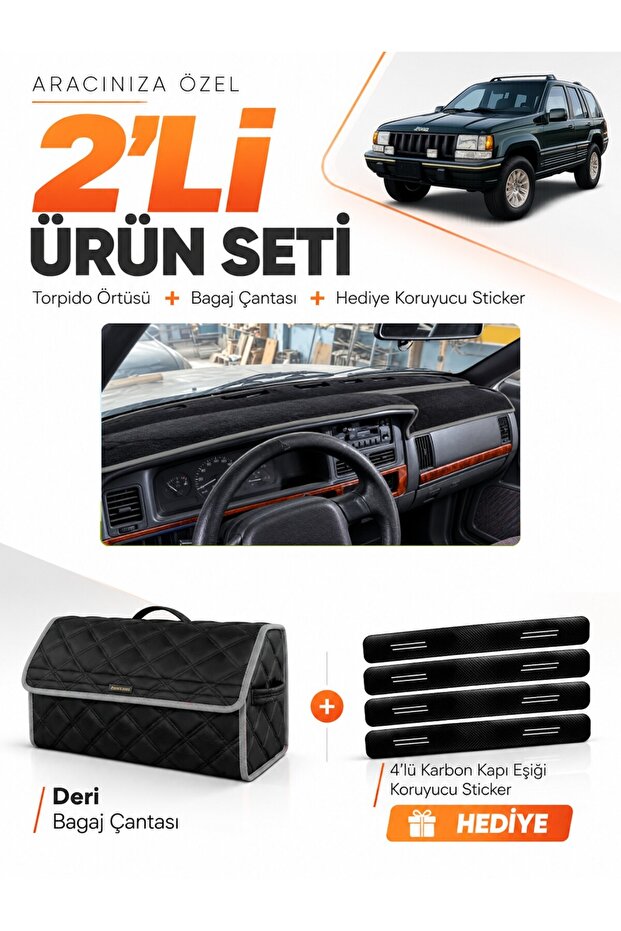 Jeep Grand Cherokee (1993-1998) Compatible Dashboard Cover + Leather Trunk Bag + Sticker Set