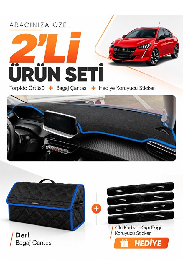 Peugeot 208 (2020-2024) Compatible Dashboard Cover + Leather Trunk Bag + Sticker Set - Pe006