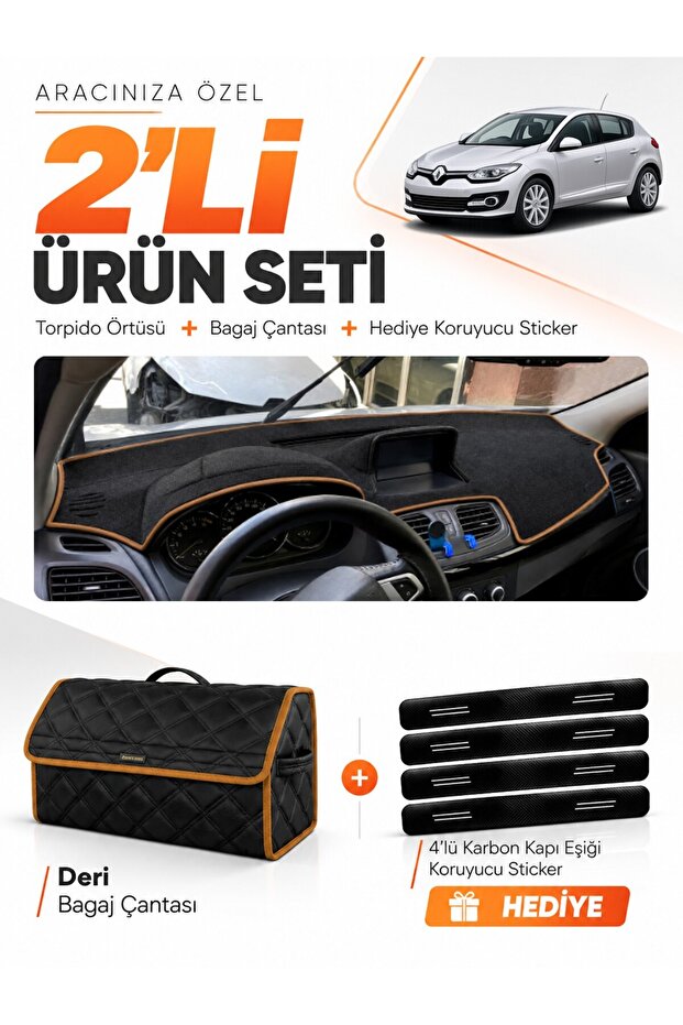 Renault Megane 3 Large Screen (2008-2015) Compatible Glove Box Cover + Leather Trunk Bag Set - Re023
